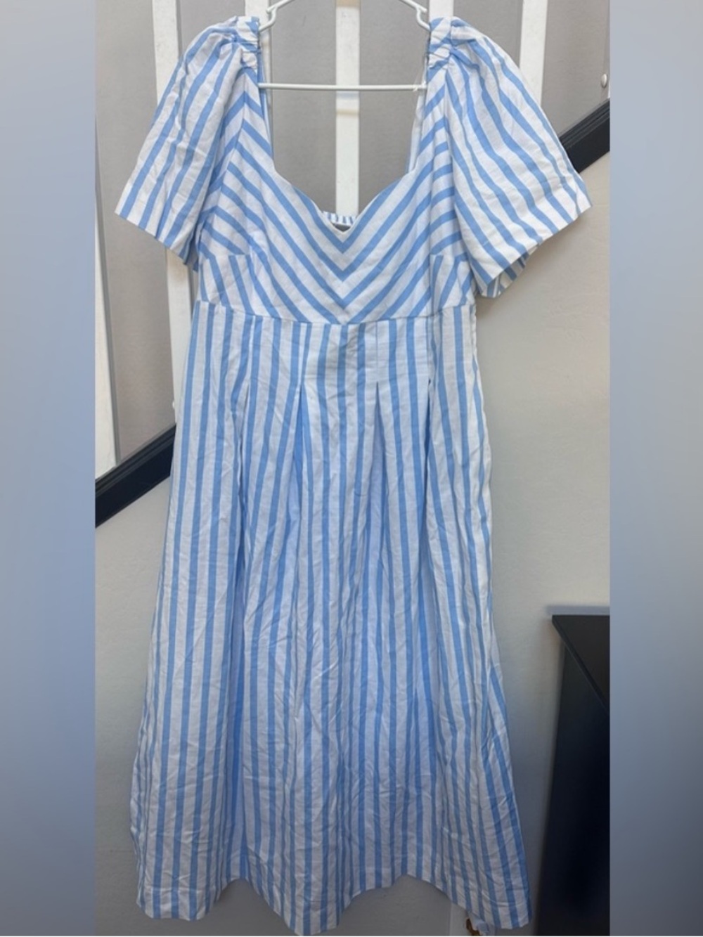 A New Day Blue White Striped Puff Sleeve Midi Dress Size 10 Coastal Cottagecore - Picture 2 of 5